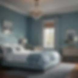 A serene bedroom with soft blue walls and elegant furnishings
