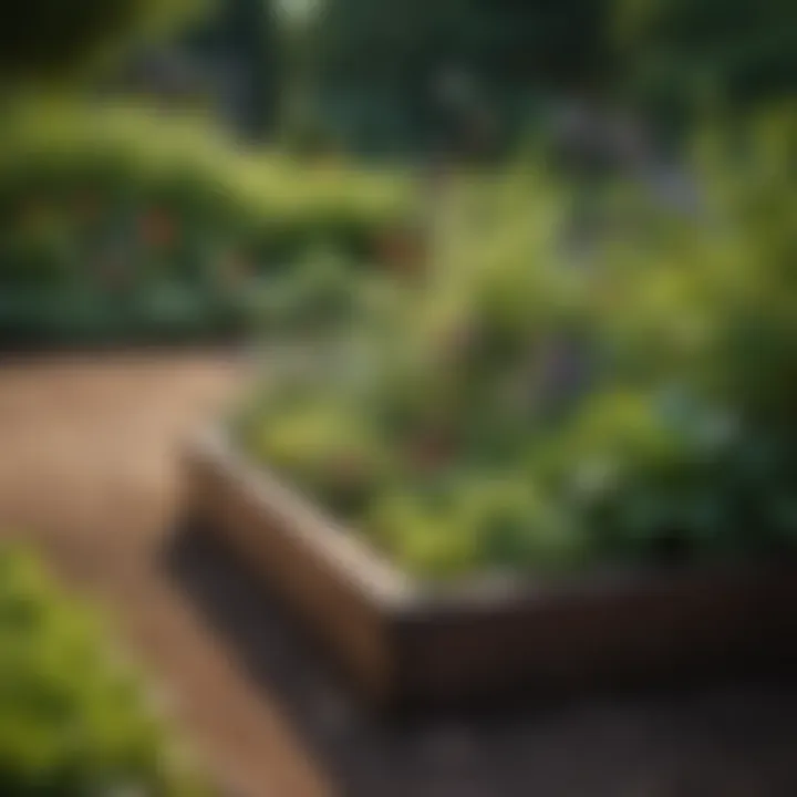 A beautifully landscaped outdoor space featuring raised garden beds