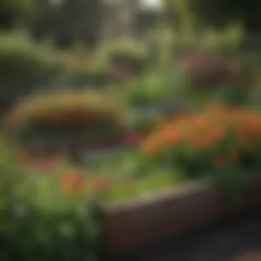 Lush Growth: A Symphony of Colors in Raised Beds Vibrant flowers and herbs thriving in a raised garden bed
