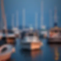 A serene harbor with various boats anchored, showcasing unique names on their sterns.