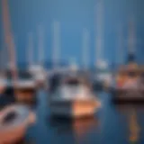 Diverse Boat Names in a Calm Harbor A serene harbor with various boats anchored, showcasing unique names on their sterns.