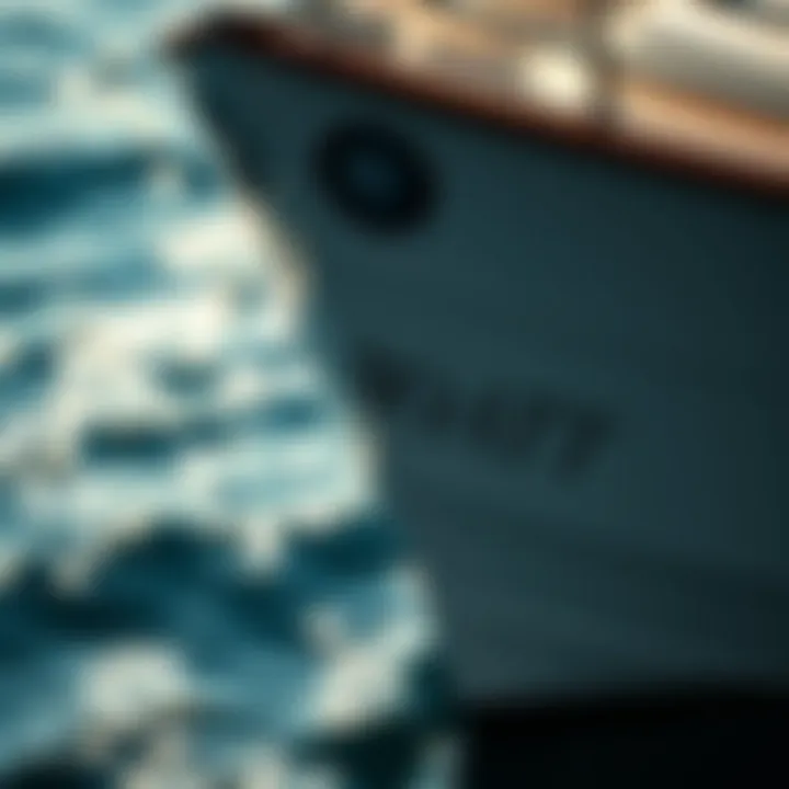 The Elegance of a Well-Named Vessel A close-up of a boat's bow with a beautifully painted name, reflecting sunlight on the water.