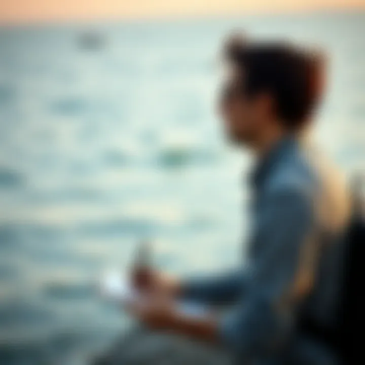 Contemplation at the Shoreline for the Ideal Name A thoughtful individual pondering by the shoreline, with a notepad and pen contemplating the perfect boat name.