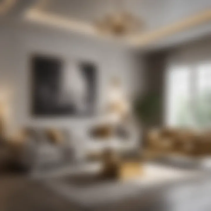 An elegant living room showcasing a sophisticated monochromatic scheme accentuated with gold accents.