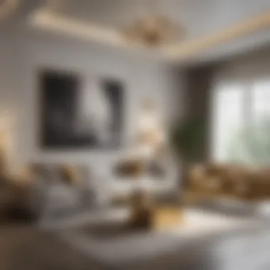 Elegant Living Room with Sophisticated Monochromatic Scheme An elegant living room showcasing a sophisticated monochromatic scheme accentuated with gold accents.