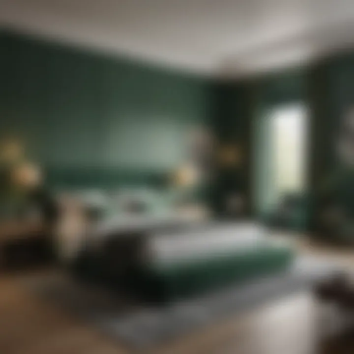 A sophisticated bedroom featuring deep green tones, creating a sense of luxury and comfort.