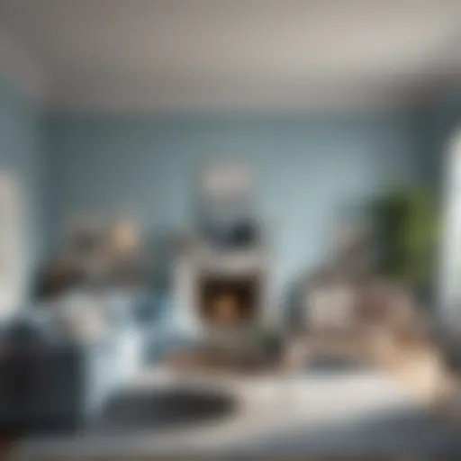 A tranquil living room painted in soft blue hues, showcasing serenity and calmness.