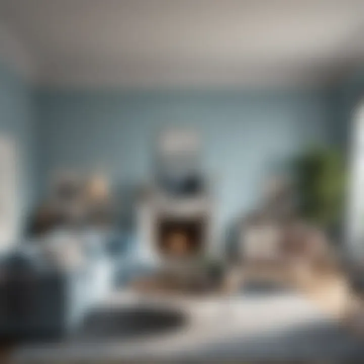 A tranquil living room painted in soft blue hues, showcasing serenity and calmness.