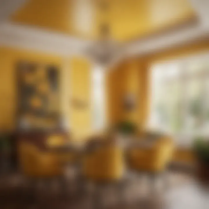 A vibrant dining area adorned with warm yellow walls, inviting energy and cheerfulness.