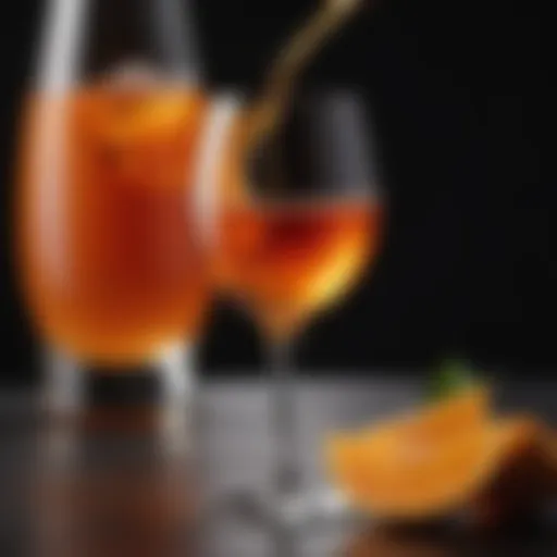 A close-up view of a glass of orange wine showcasing its unique color