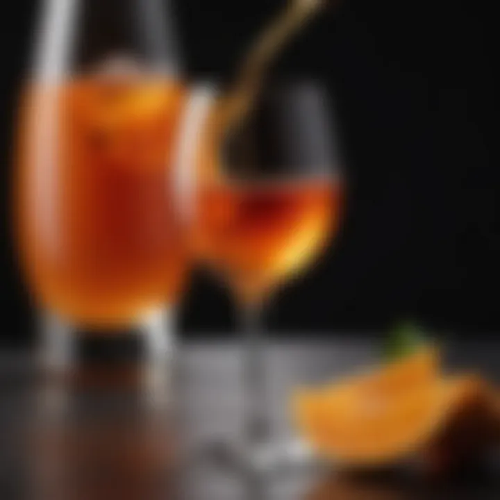 A close-up view of a glass of orange wine showcasing its unique color