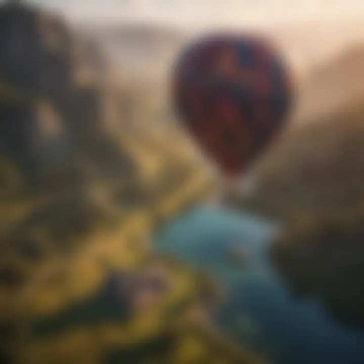 Colorful hot air balloons floating over scenic landscape