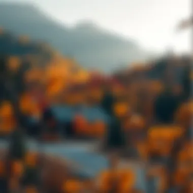 Scenic Mountain Retreat in Autumn A scenic view of a mountain retreat adorned in autumn colors, perfect for a Thanksgiving getaway