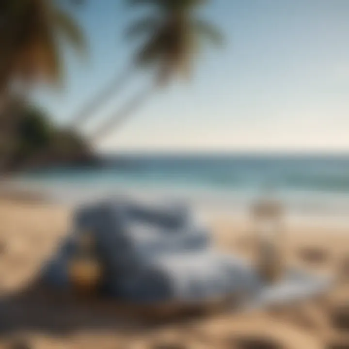 Elegant beach setup with towels and accessories