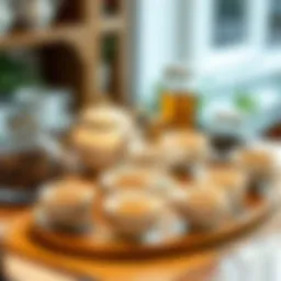 A beautifully arranged tea set showcasing various types of tea leaves and delicate porcelain cups