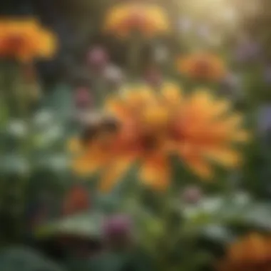 Flower Diversity and Bee Attraction A diverse array of flowers attracting bees in a lush garden