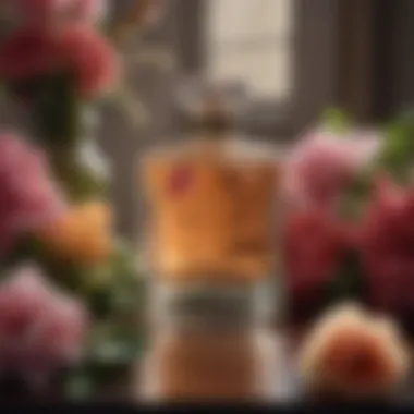 Floral Elegance in Perfume An elegant perfume bottle surrounded by floral arrangements