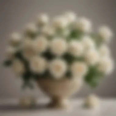 A serene arrangement of white roses placed elegantly in a vintage vase, reflecting timeless beauty and love.