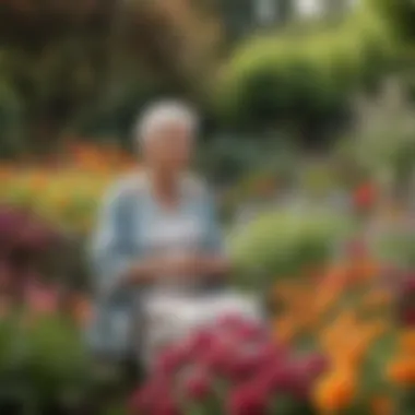 An elderly woman enjoying a day out at a botanical garden, surrounded by vibrant flowers