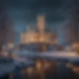 A breathtaking winter landscape featuring a historic castle adorned with Christmas lights
