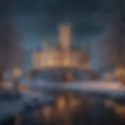 A breathtaking winter landscape featuring a historic castle adorned with Christmas lights