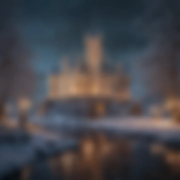 A breathtaking winter landscape featuring a historic castle adorned with Christmas lights