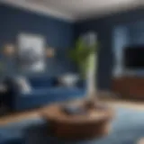 Elegant living room painted in deep blue with modern furnishings