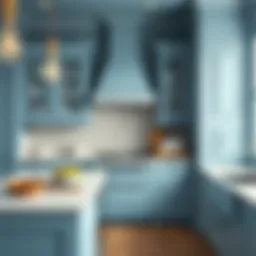 Elegant kitchen painted in soft blue tones
