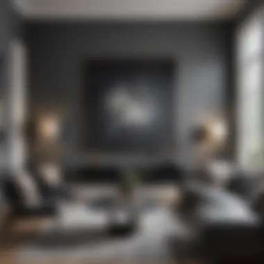 Striking Charcoal Gray Sophistication Sophisticated living room showcasing a striking charcoal gray wall with contemporary art