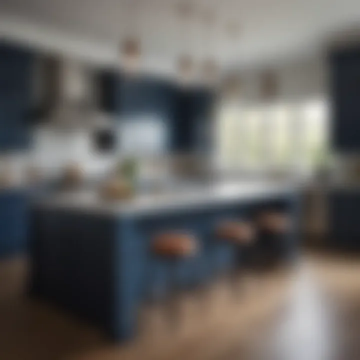 Timeless kitchen with navy blue island and pendant lighting