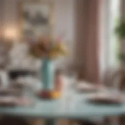 Elegant dining table with painted surface in soft pastel hue