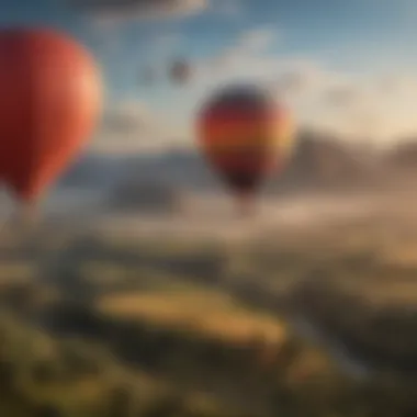 Colorful hot air balloons soaring over exotic landscape