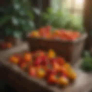 Harvested basket of colorful peppers from indoor garden