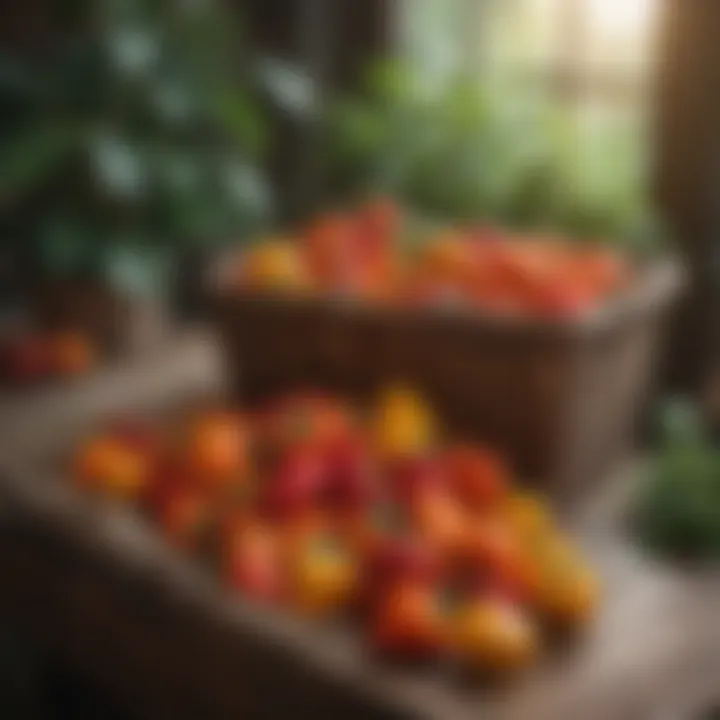 Harvested basket of colorful peppers from indoor garden