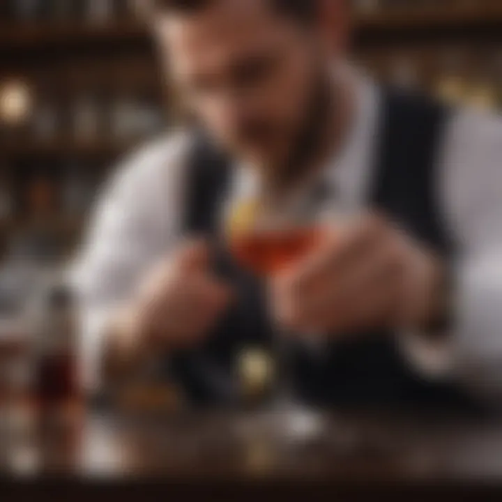 Master mixologist expertly garnishing Sazerac cocktail with a twist