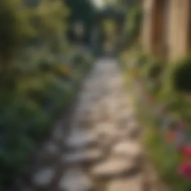 Elegant Passage: Stone Garden Pathway Ornate Stone Pathway Leading Through Vibrant Garden