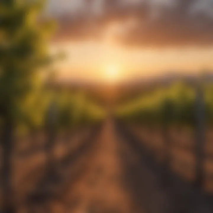 Vineyard landscape with grapevines at sunset